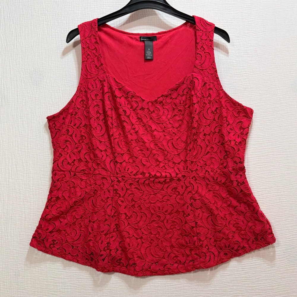 Lane Bryant Top Womens 26 Red Floral Lace Sweetheart Sleeveless Romantic Party‎